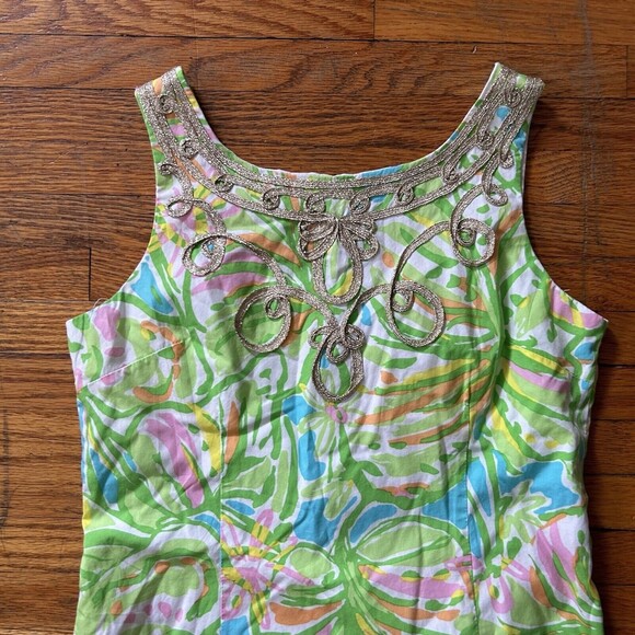 Lilly Pulitzer Girl's Sheath Dress Monstera Print 14 Green Gold Preppy Girly - Picture 2 of 6